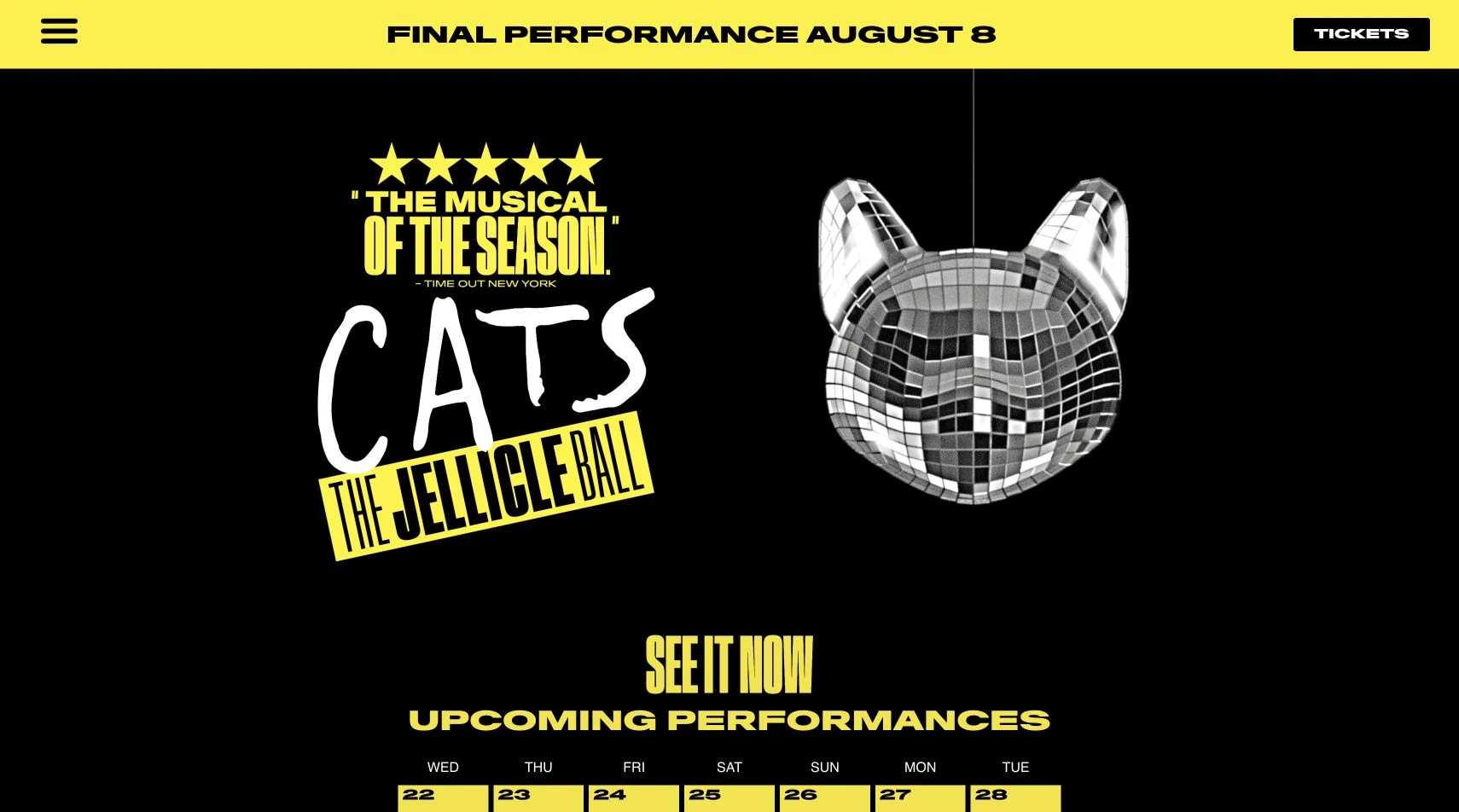 Archived CATS production website: yellow typography and a mirrored cat disco ball