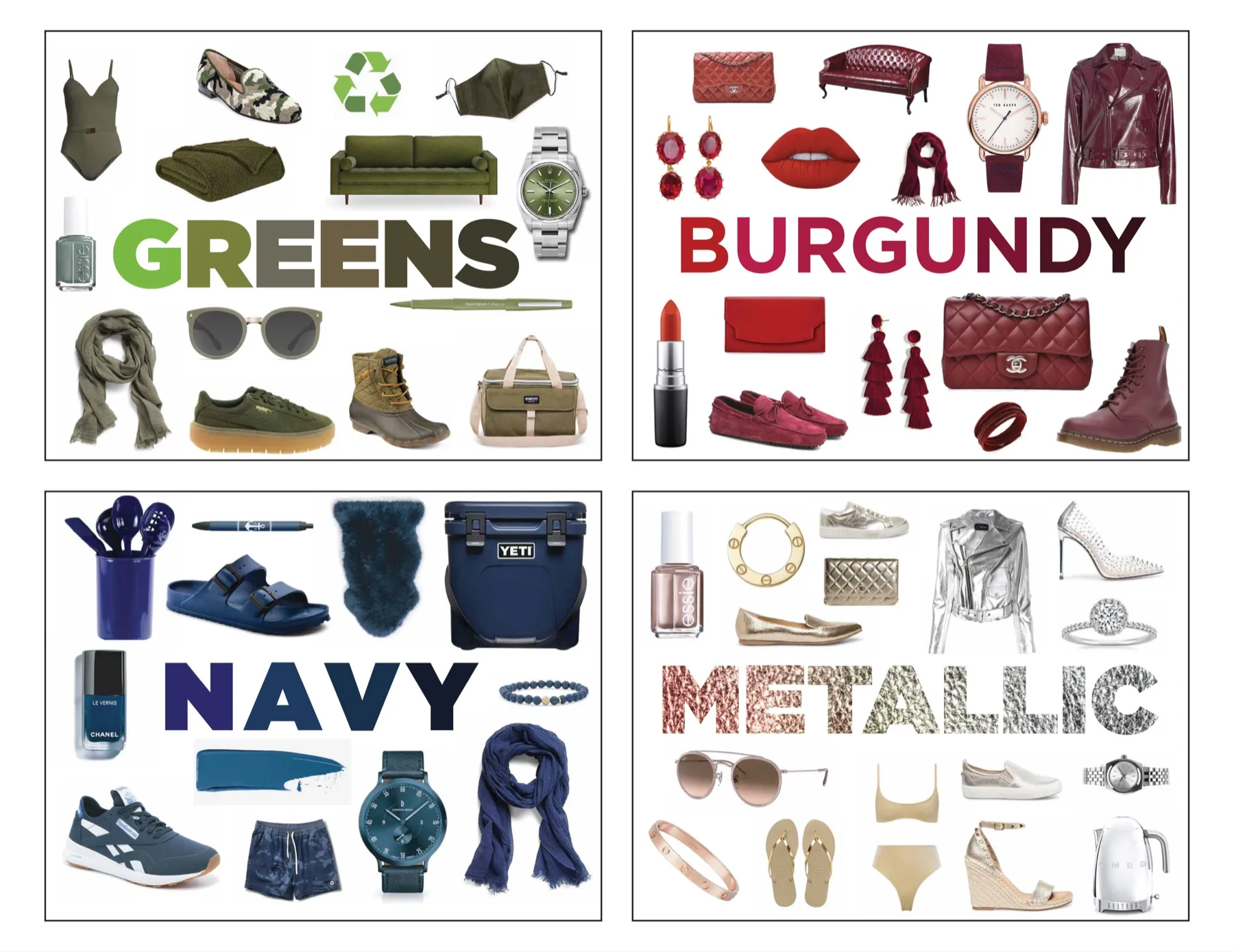 Original Steve Madden brand and trend board with green, burgundy, navy and metallic directions